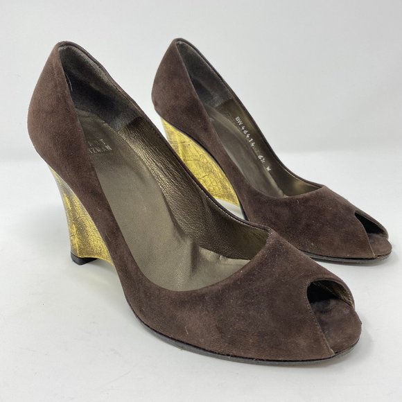 Stuart Weitzman Shoes - Stuart Weitzman Brown Suede Gold Wedge Heels